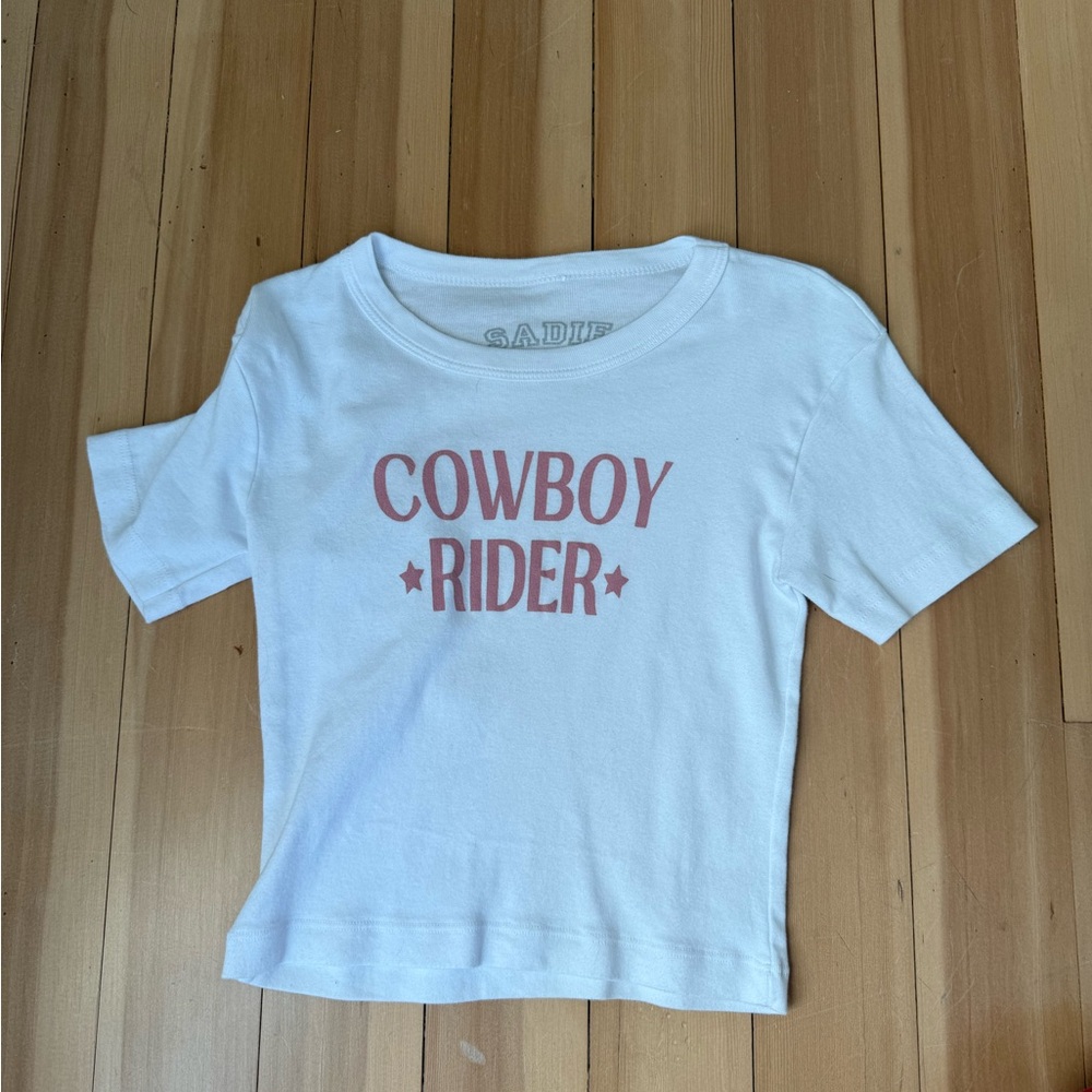 White Tee with Pink Cowboy Rider Print